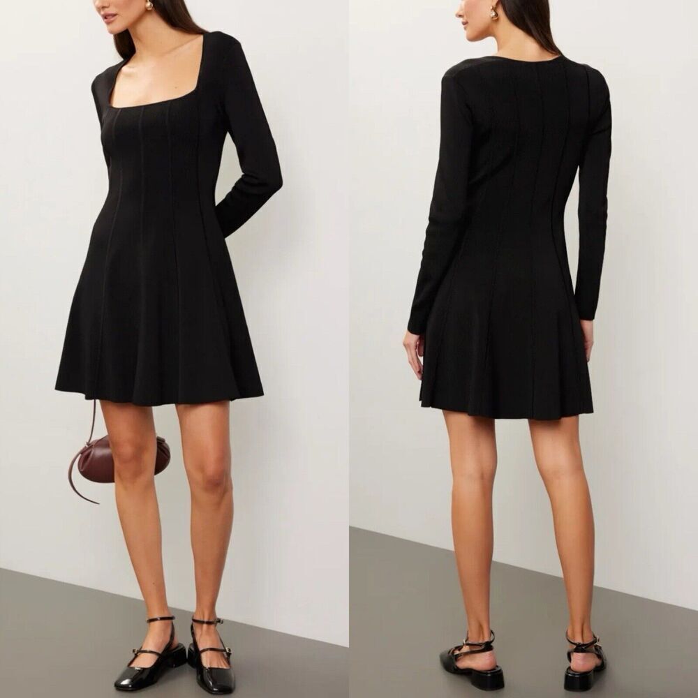 TOCCIN Skylar Flare Mini Dress Women Small Black Knit Square Neck Long Sleeve